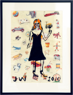 Jenny Watson Classic Black 2: woman with wine glass, 2010; acrylic on Italian nursery paper; 90 x 69 cm (framed); enquire