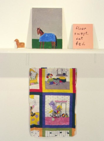 Jenny Watson Floor Swept, Cat Fed No. 2 (Jaeger), 1999; acrylic on stretcher, painted plaster mould, rabbit skin glue-primed pillow slip; 16'' x 12'', 10'' x 8'', 3'' x 5'', 30'' x 18''; enquire