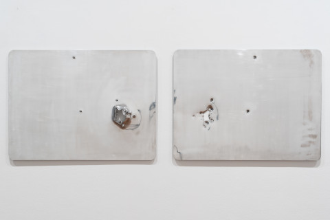 Marley Dawson Landscape/Constellation - Bethanga - Through Hole, 2025; decommissioned aluminium road sign; diptych; 60 x 80 cm each; enquire