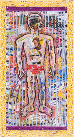 Gary Carsley On The Beach Towel 1, 1985; oil, spray and metallic paint on canvas; 218 x 145 cm; enquire