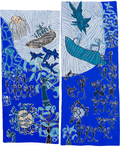 Dhambit Munuŋgurr Welcoming the Refugees / Scott Morrison and the Treasurer, 2021; 2812-21; 1919-21; earth pigments and acrylic on bark; two panels: 241 x 108 cm; 260 x 102 cm; more info; enquire