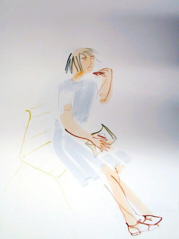 Vivienne Shark LeWitt untitled sketch (girl eating sandwich on park bench), 1994; watercolour on paper; 75 x 55 cm; enquire