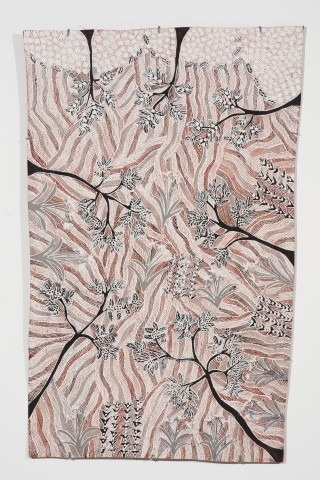 Yalmakany Marawili Luŋiny, Murrtjumun, Wärrkarr and Burukpili, 2024; 4404-24; earth pigments on Stringybark; 136 x 90 cm; more info; enquire