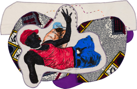 Pierre Mukeba (Selfie), 2022; Kikwembe, calico, oil paint, ink, brush pen, acrylic paint, pastel, fabric on unprimed canvas; 57 x 91 cm; more info; enquire