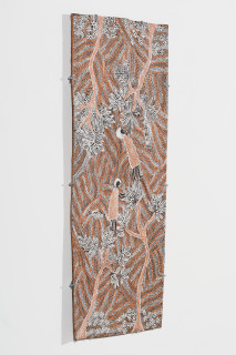 Yalmakany Marawili Burukpili, 2025; 3528-25; earth pigments on stringybark; 97 x 38.5 cm; enquire