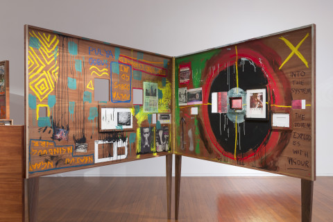 Brook Andrew Mirror II, 2017; Sapele timber, paint, block board, paper, Perspex and glue; dimensions variable; enquire