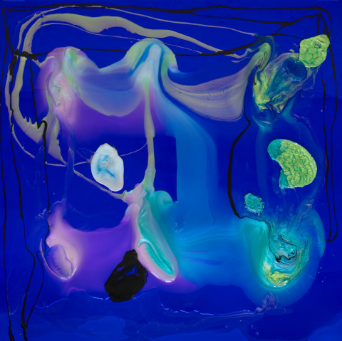 Dale Frank From previous encounters he had exhausted all possible reasons, every imaginable and amazingly unimaginable reasons as to why he could not have sex with John, 2026; colour powder pigments in Epoxyglass, Epoxyglass, on perspex; 200 x 200 cm; more info; enquire