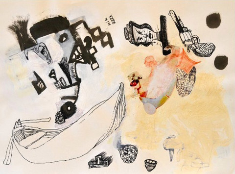 Gareth Sansom Boat with revolver, 1999; Ink, acrylic and collage on paper; 69 x 86 cm; Paper size: 56 x 75; enquire