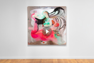 installation view; Dale Frank Look, it was just so disappointing, he was so excited, he said he had spent the night out with an actor called Roman Roy..., 2023; colour pigments in epoxyglass, epoxyglass, on Perspex; 200 x 200 cm; enquire