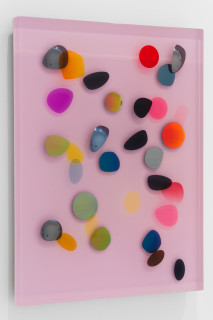 Jim Lambie January 1978, Pink Haze, 2026; resin, sunglasses lens, birch plywood, paint; 60 x 45 x 5 cm; enquire