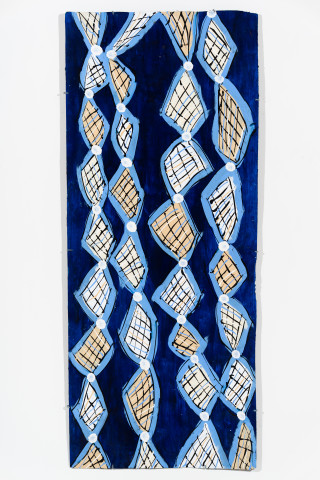 Dhambit Munuŋgurr Blue Fire, 2024; 8579-24; acrylic on bark; 169 x 72 cm; enquire