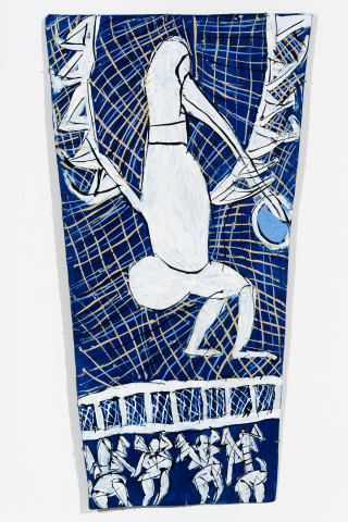 Dhambit Munuŋgurr Ḏulk, 2025; 194-25; acrylic and earth pigment on bark; 153 x 83 cm; enquire