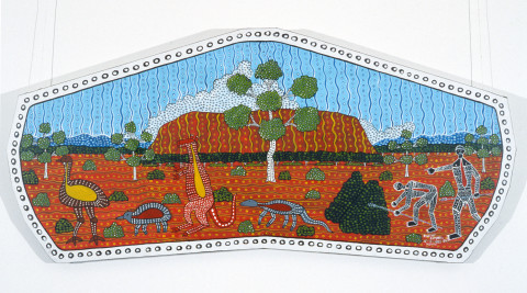 Robert Campbell Jnr Hunting For Food at Uluru, 1989; acrylic on shaped canvas; 80 x 172 cm; enquire