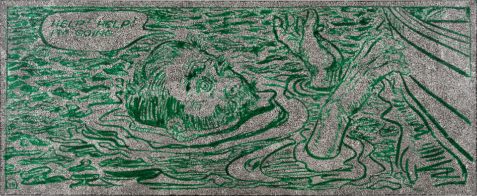 Daniel Boyd Untitled (WMSHGBHSH), 2025; oil, acrylic and archival glue on canvas; 150 x 364 cm; more info; enquire