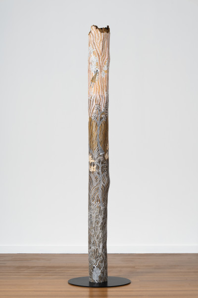 Yalmakany Marawili Meditjin, 2025; 7970-25; earth pigments on stringybark hollow pole; 240 x 20 x 20 cm; enquire