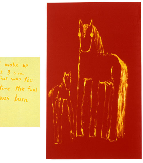 Jenny Watson Mare + Foal + Text Panel, 1993; Oil on chinese velvet & oil and acrylic on stretcher; 167.5 x 102cm; 76 x 51cm; enquire