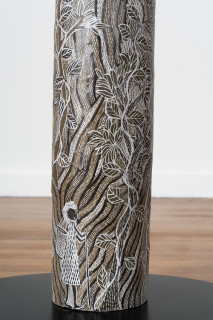 Yalmakany Marawili Meditjin, 2025; 7970-25; earth pigments on stringybark hollow pole; 240 x 20 x 20 cm; enquire