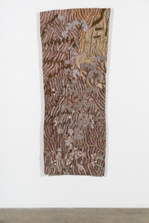 installation view; Yalmakany Marawili Nindjiya the floodplain, 2025; 6568-25; earth pigments on stringybark; 200 x 80 cm; enquire