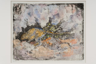 John Wolseley Burrowing Bettong by its Warren in the Calcrete Rocks, 2024; etching with watercolour; 32 x 40 cm; 59 x 64 cm (framed); Edition of 30; enquire