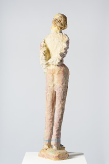 Linda Marrinon Woman with pink cummerbund, 2025; painted plaster and muslin; 118 x 30 x 18 cm; enquire
