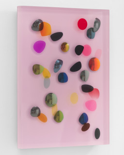 Jim Lambie January 1978, Pink Haze, 2026; resin, sunglasses lens, birch plywood, paint; 60 x 45 x 5 cm; enquire