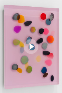 Jim Lambie January 1978, Pink Haze, 2026; resin, sunglasses lens, birch plywood, paint; 60 x 45 x 5 cm; enquire