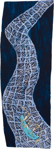 Dhambit Munuŋgurr Wandawuy, 2021; 5071-21; earth pigments and acrylic on bark; 293 x 101 cm; more info; enquire