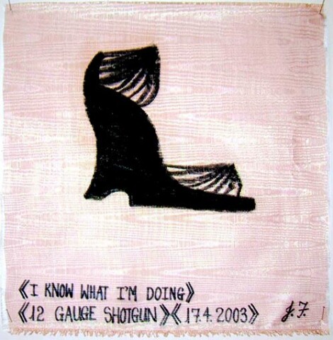 Jacqueline Fraser I know what I'm doing > >, 2003; from the series AN ELEGANT PORTRAIT REFINED IN ELEVEN STUDIOUS PARTS >; oil stick on fabric (framed); 32 x 32 cm; enquire