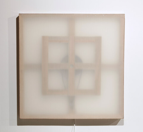 Marley Dawson Mechanical painting iii, 2009; timber, mechanics, polyester resin on polyester fabric, electronics, mild steel; 105 x 105 x 6.5 cm; enquire