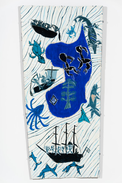 Dhambit Munuŋgurr Gunyaŋara - Flinders, 2025; 3192-25; acrylic on bark; 186 x 86 cm; enquire