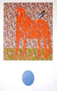 Jenny Watson Bella with magpie, 2005; from the series Exhibited in 'If these walls could talk', 2005; oil on rabbit-skin glue primed cotton, acrylic on canvas, 2 panels; 128 x 111.5 cm; enquire