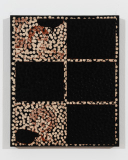 Daniel Boyd Untitled (PTNBLT) (detail), 2025; oil, ink and archival glue on paper mounted to board; diptych; 30 x 25cm each; enquire