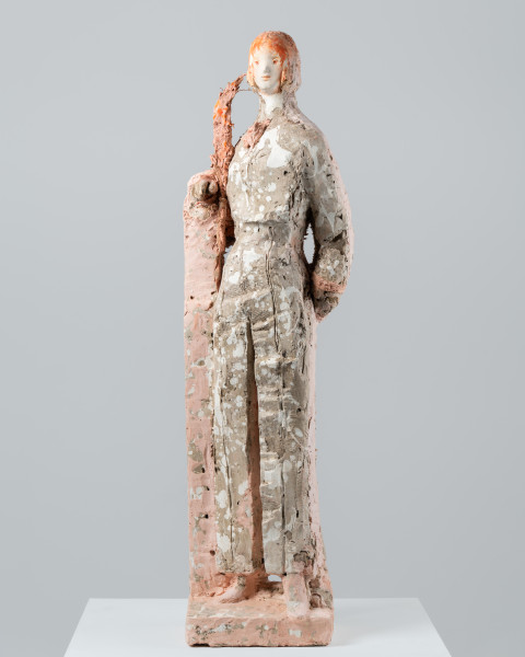 Linda Marrinon Pink and grey poet, 2026; tinted and painted plaster and hessian; 99 x 28 x 25 cm; enquire