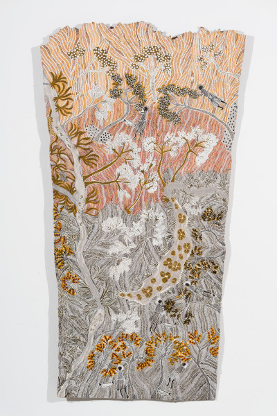 Yalmakany Marawili Borum'mirri (Fruitful), 2025; 5953-25; earth pigments on stringybark; 207 x 109 cm; enquire