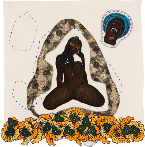 Pierre Mukeba (Honour with love), 2022; Kikwembe, calico, oil paint, ink, brush pen, acrylic paint, pastel, fabric on unprimed canvas; 115 x 110 cm; more info; enquire