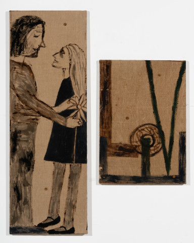 Jenny Watson Love, 1988-89; oil on Belgian linen; 2 parts: 116 x 41 cm; 65 x 46 cm; more info; enquire