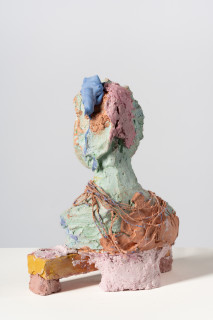 Linda Marrinon Woman with coral necklace, 2025; tinted and painted plaster, hessian and terracotta; 36 x 27 x 13 cm; enquire