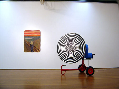 Hany Armanious The mess inside and the conceit of distance, 2003; adhesive vinyl, plastic and enamel on cement mixer; acrylic on gatorboard; 168 x 163 x 120 cm; (painting) 115 x 89 cm; Edition of 3; enquire
