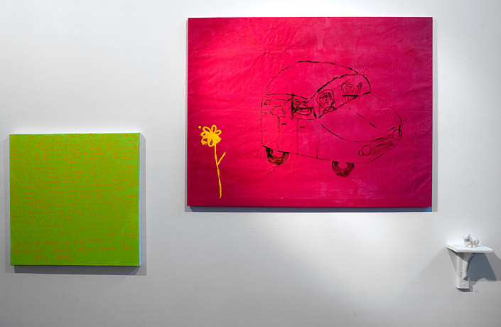 Jenny Watson Hermetically Sealed, 2010; Part 1: acrylic on rabbit skin glue primed French fabric, 100 x 130 cm
Part 2: acrylic on prepared stretcher, 71 x 71 cm
Part 3: white china rabbit on shelf, 10 x 7 x 8.5 cm
; enquire