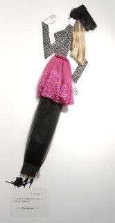 Jacqueline Fraser   , 2004; Nylon hair, faux fur, black ruffle lace, Italian wool suiting, vylene stiffening, French rosette netting; 170 x 85 x 15 cm; enquire