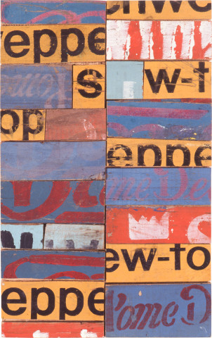 Rosalie Gascoigne Regimental Colours (B), 1990-92; sawn / split soft drink crates on plywood; 43.2 x 27.4 cm; enquire