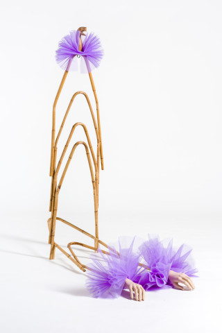 Sarah Contos Snake, 2019; repurposed cane, wood, tule, found mannequin hands, hardware; 117 x 60 x 110 cm; Enquire