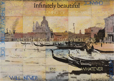 Imants Tillers Infinitely beautiful, 2021; synthetic polymer paint, gouache on 25 canvasboards, nos. 109591–109615; 125.5 x 177 cm; more info; enquire