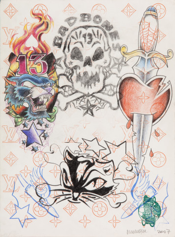 Wim Delvoye Untitled (tattoo drawing #5), 2007; pencil and coloured pencil on paper; 36 x 27 cm; enquire
