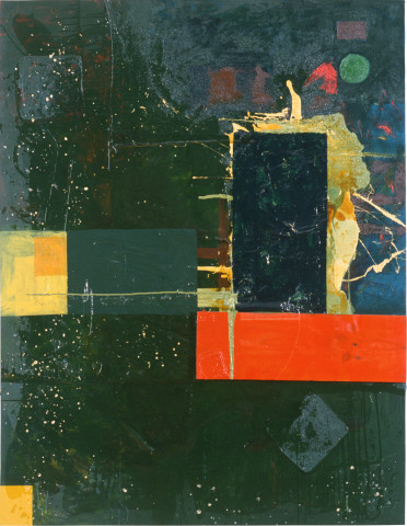 Dale Frank Mussdoo, 1990; acrylic, oil & varnish on timber & printed cotton on canvas; 230 x 180 cm; enquire
