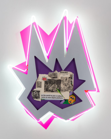 Brook Andrew This year, taste in high life..., 2020; paper, wood, neon, acrylic; 109 x 80 x 8.5 cm; more info; enquire