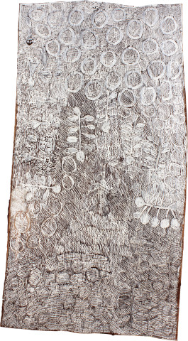 Nyapanyapa Yunupiŋu Leaves and Circles, 2011; 4068C; natural earth pigments on bark; 171 x 92 cm; enquire