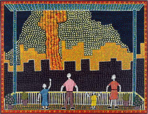 Robert Campbell Jnr Gas Fire Explosion at St. Peters, 1990; acrylic on canvas; 90 x 116 cm; enquire