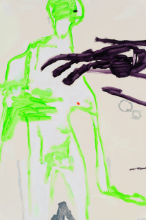 Tom Polo soft surrender in purple and green (detail), 2026; acrylic on polycotton; 182 x 138 cm; enquire