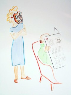 Vivienne Shark LeWitt untitled sketch (lady with gas mask looking at guy in chair with news paper), 1994; watercolour on paper; 110 x 75 cm; enquire